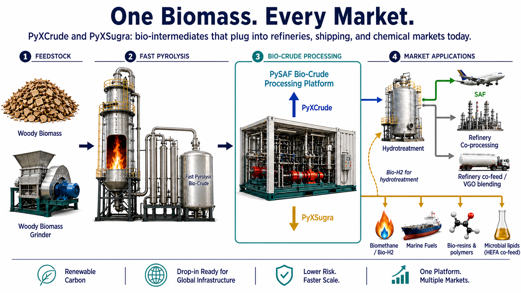 One Biomass. Every Market. PyXCrude and PyXSugra: bio-intermediates that plug into refineries, shipping, and chemical markets.